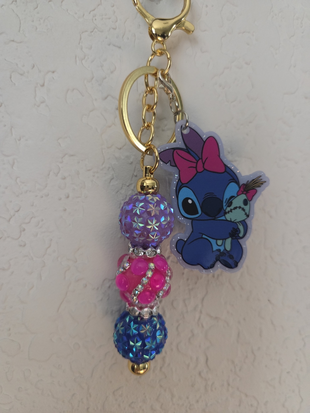 Blue Stitch Character Keychain with Pink & Purple Beads